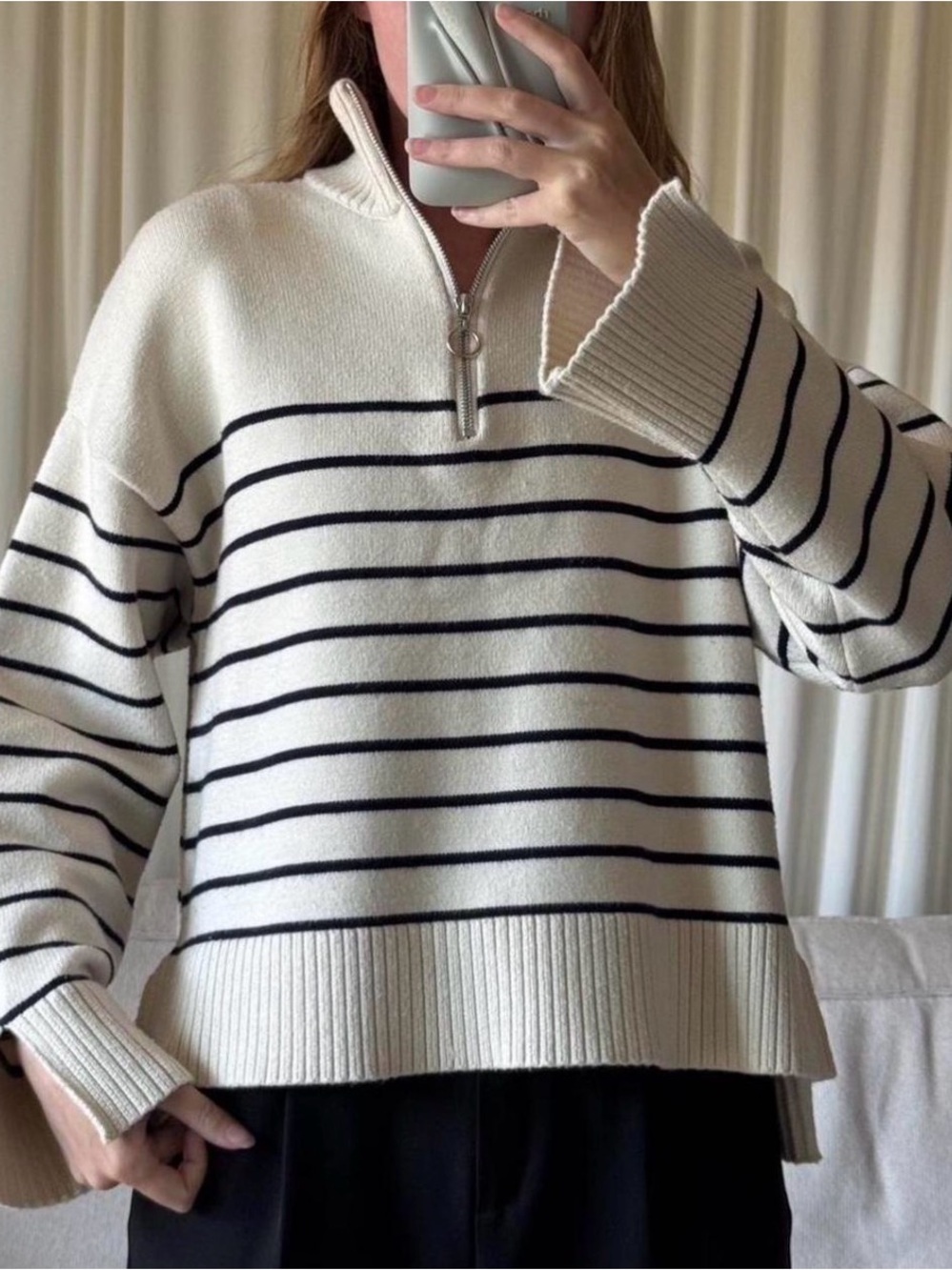Preppy minimalist coastal grandmother black cream striped quarter zip sweater